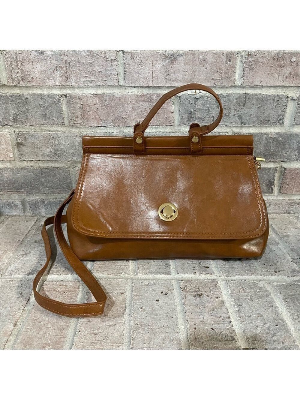 BrownSatchel with Rigid Frame and Top Handle